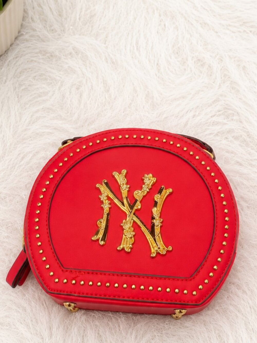 NWT Red Round Crossbody Handbag with Gold Studs & Monogram Detail